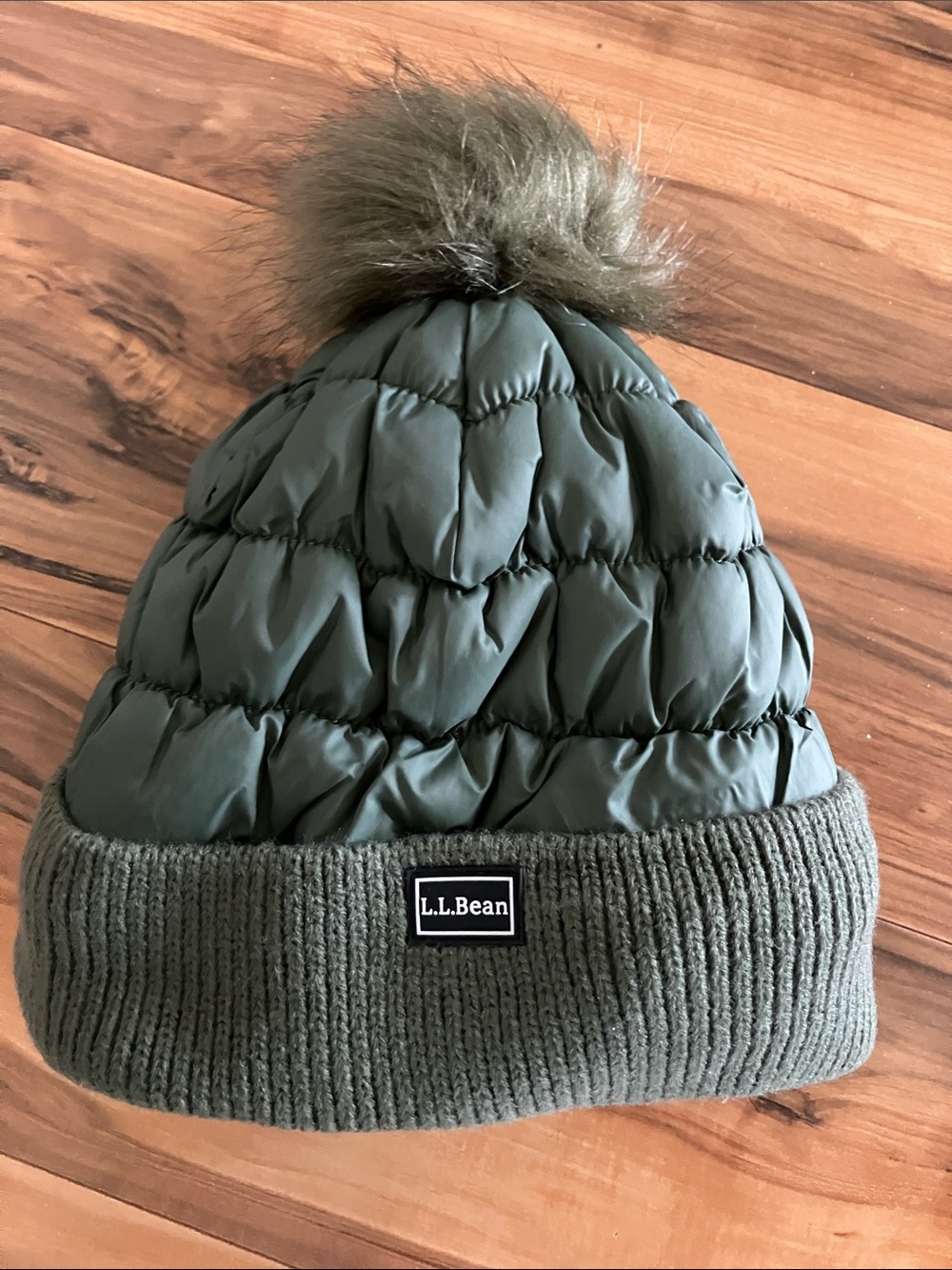 L.L. Bean Adult Quilted Olive Green Pom Beanie